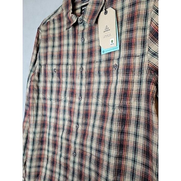 prAna Button Up Flannel Shirt Men's Small Brown Plaid Organic Cotton, NWT $79 - Picture 8 of 8